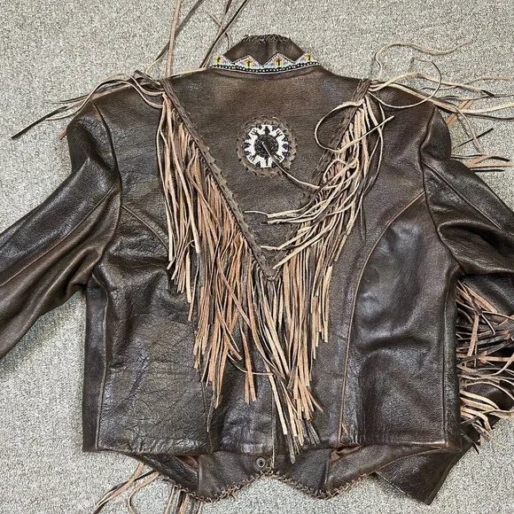 Leather Gallery NWT Deadstock Western Cowgirl Fringe Beaded Brown Coat Sz Medium - Picture 7 of 8